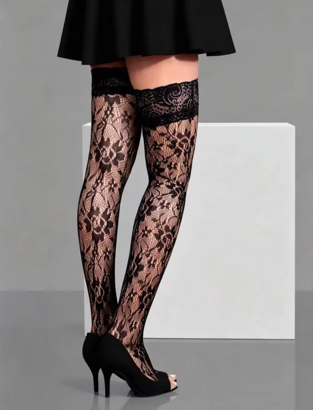 Women’s Black Lace Over-the-Knee Thigh-High Stockings – Sheer Floral Pattern Stretch Hosiery